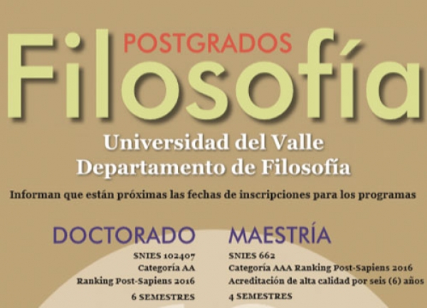Inscripciones para los programas de MAESTR&Iacute;A Y DOCTORADO EN FILOSOF&Iacute;A